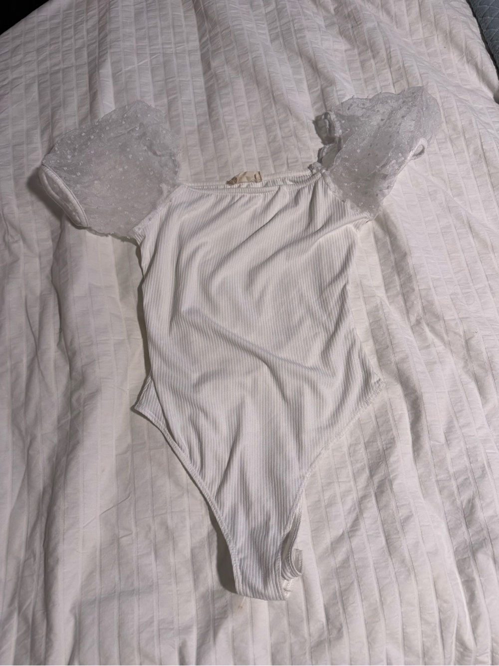 Altar'd State White Ribbed Bodysuit with Sheer Puff Dot Sleeves